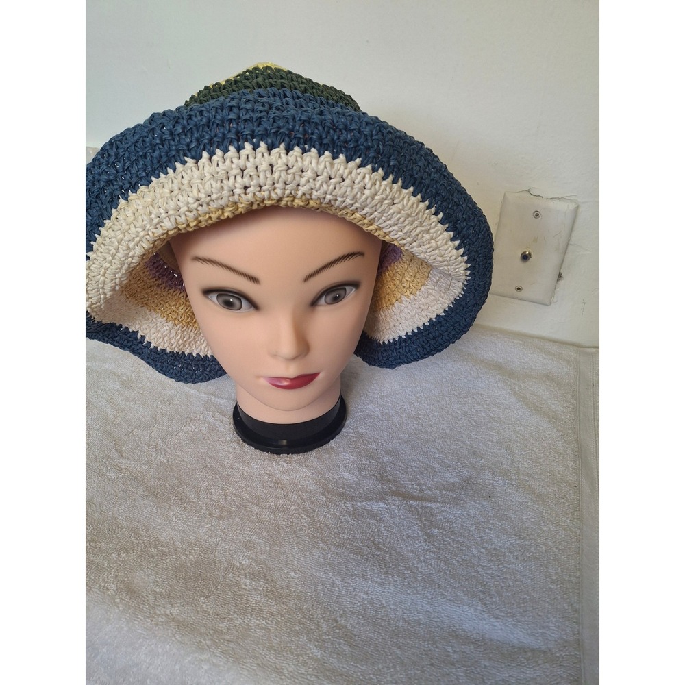 Hat Attack Crochet Bucket Hat Multi Color Striped Raffia Sun Hat Adjustable
